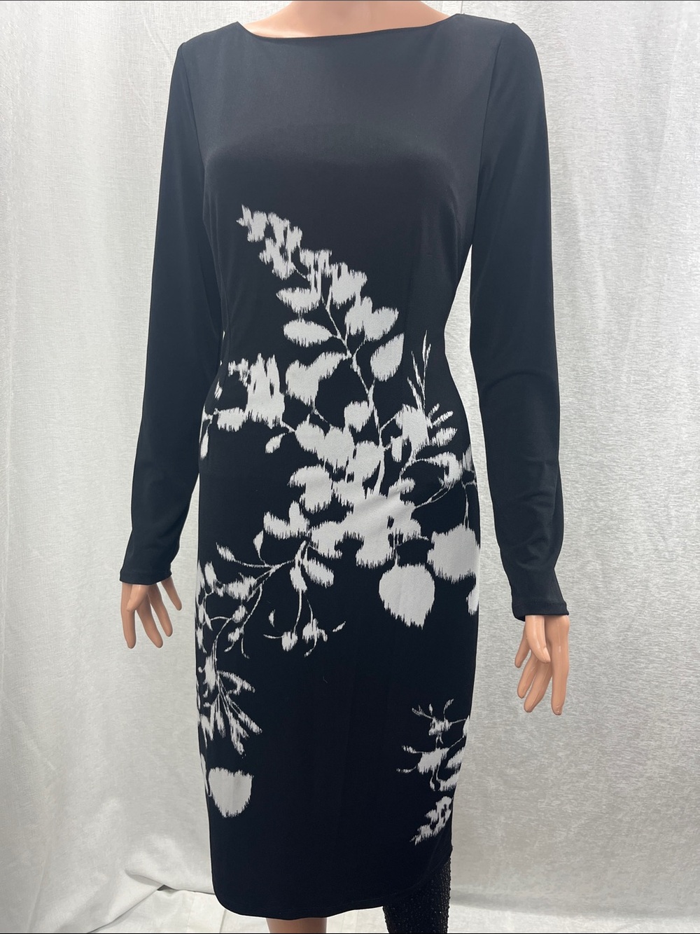 INC International Concepts Black and White Floral Long-Sleeve Sheath Dress